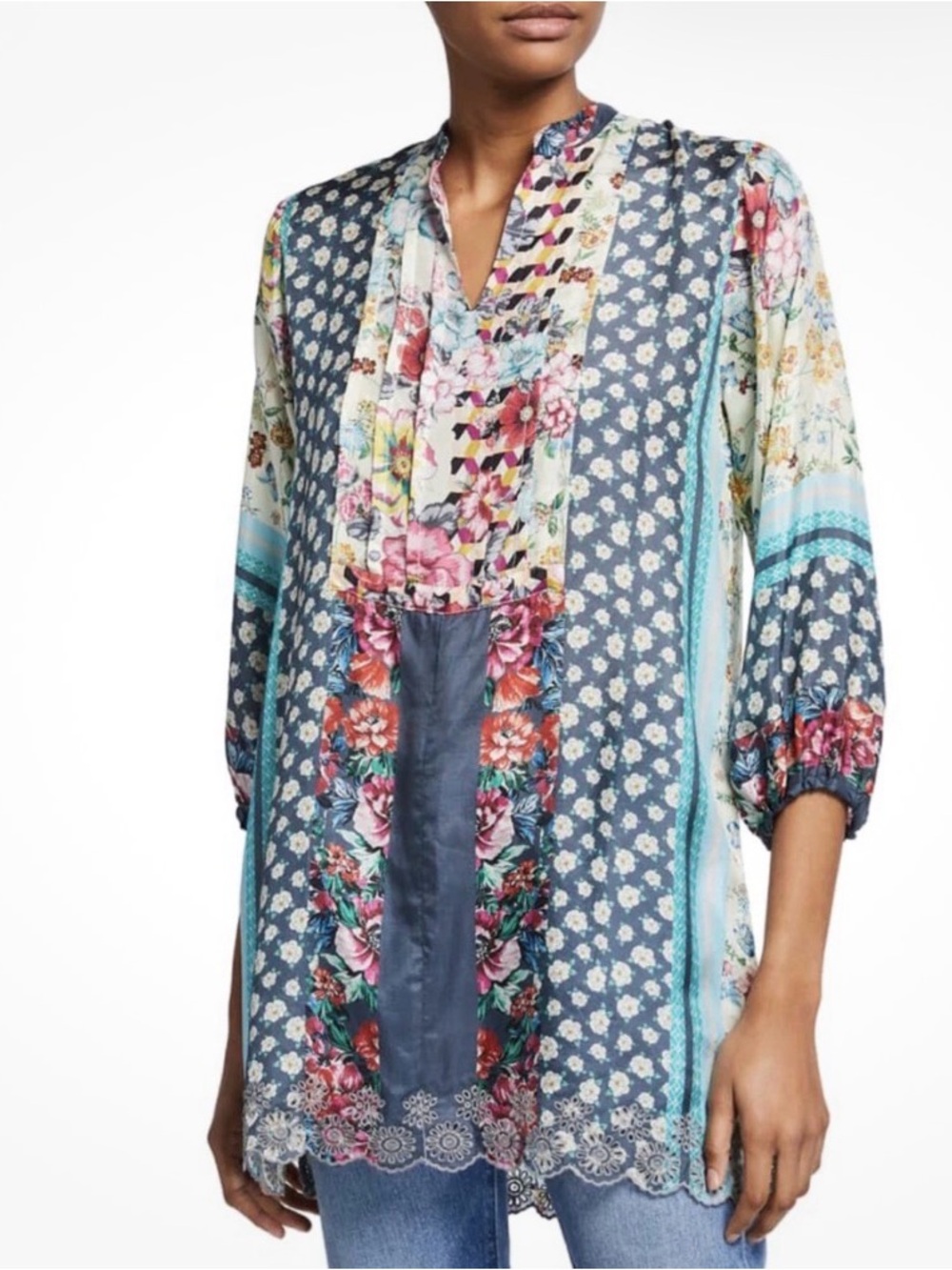 Johnny Was Fyfe 3/4-Sleeve Printed Silk Tunic Sz L